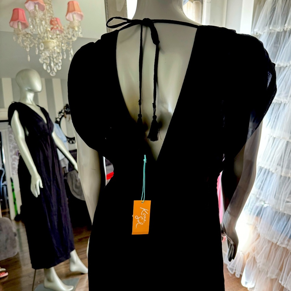 NWT! Kona Sol Cover-Up Dress Womens Tie-Back Elastic Waist Short-Sleeve Black - Picture 1 of 7